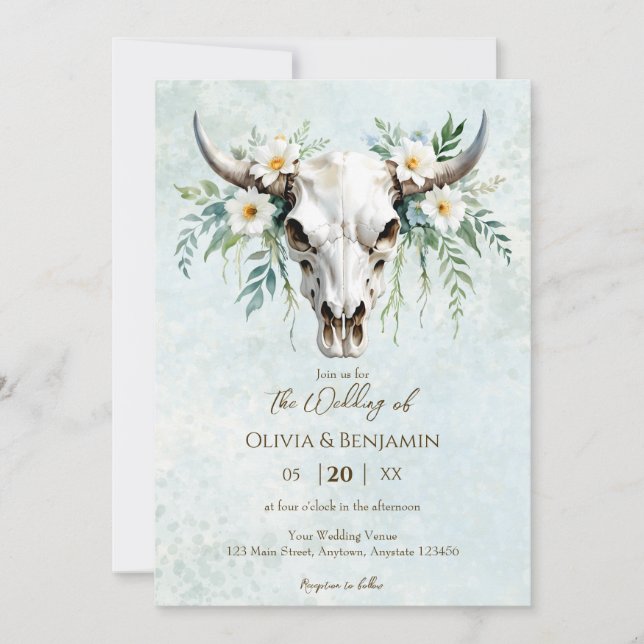 Invitación Boda de cráneo de vaca floral de acuarela bohemia (Anverso)