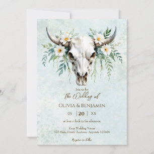 Invitación Boda de cráneo de vaca floral de acuarela bohemia
