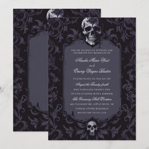 Invitación Boda de cráneo floral boho gótico púrpura oscuro