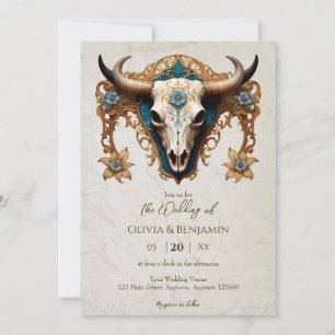 Invitación Boda de cráneo floral de color de agua Art Nouveau