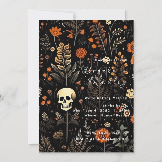 Invitación Boda de cráneo floral gótico (Anverso)