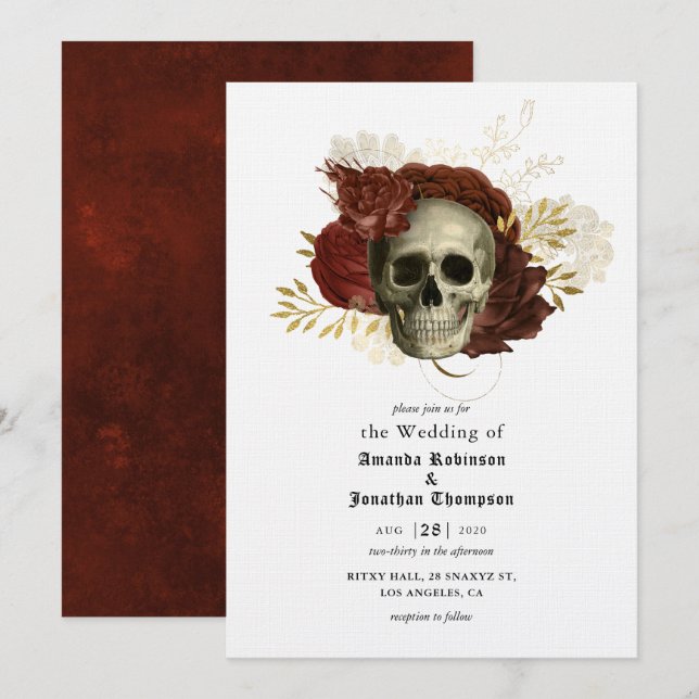Invitación Boda de cráneo floral grunge gótico (Anverso / Reverso)
