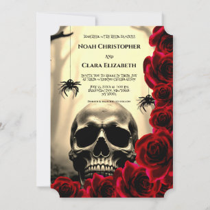 Invitación Boda de cráneo gótico floral negro rosas rojas Hal