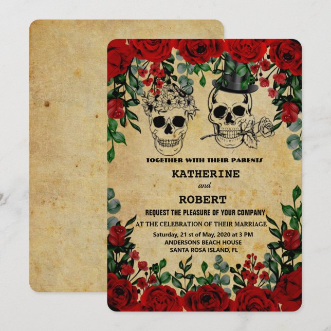 Invitación Boda de cráneo Halloween Azúcar Floral gótica Invi (Anverso / Reverso)