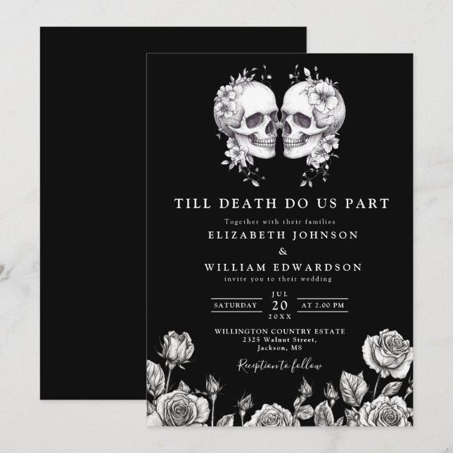 Invitación Boda de cráneos florales góticos en blanco y negro (Anverso / Reverso)