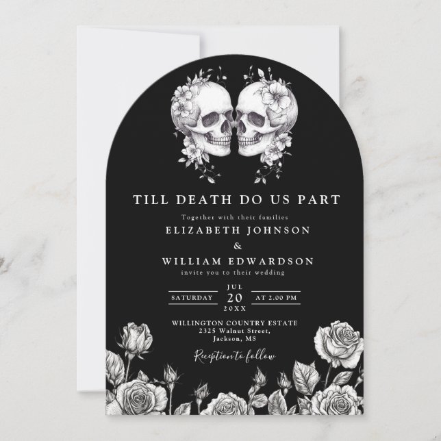 Invitación Boda de cráneos góticos en blanco y negro todo en  (Anverso)