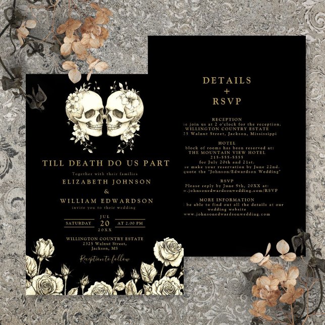 Invitación Boda de cráneos góticos negros y dorados todo en u (All In One Black And Gold Gothic Skulls Wedding Invitation)