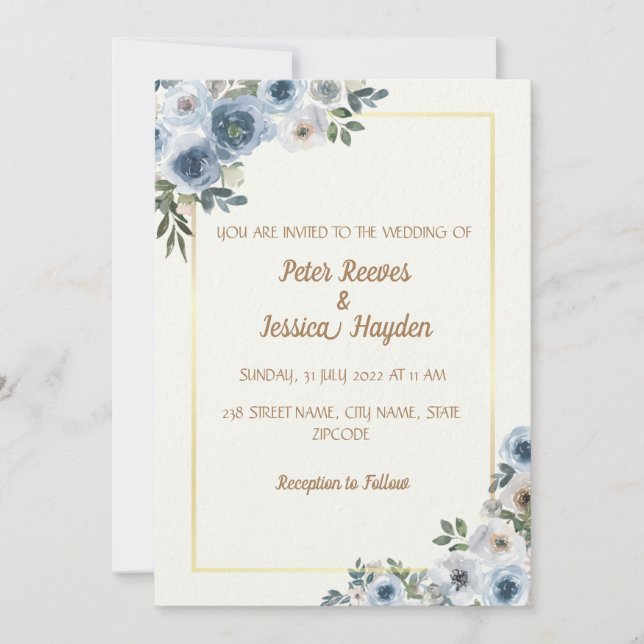Invitación Boda de Crema, Borde de Oro y Flores Azules (Anverso)