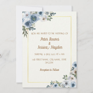 Invitación Boda de Crema, Borde de Oro y Flores Azules
