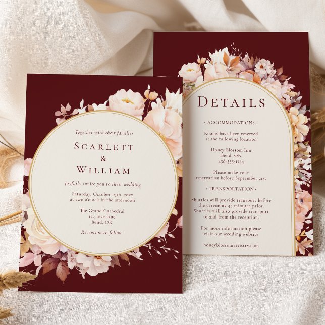Invitación Boda de crema borgoñona floral de otoño en uno (Subido por el creador)