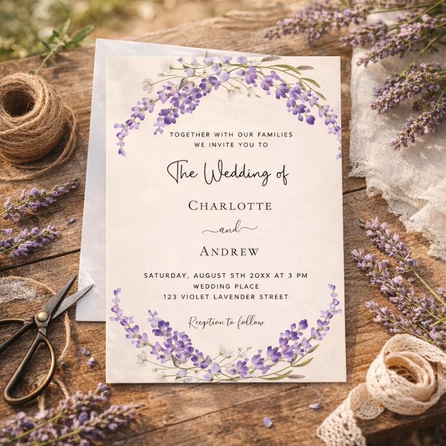 Invitación Boda de crema champán con flores de lavanda (Subido por el creador)