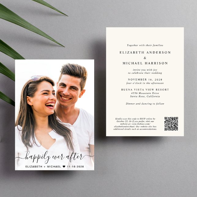 Invitación Boda de crema de código QR con guión elegante (Elegant all-in-one wedding invite featuring your photo + a QR code linked to your wedding website)