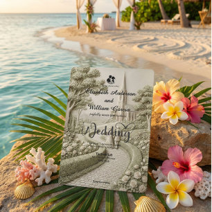 Invitación Boda de Crema de Dibujo de Iglesia de Cuento Antig