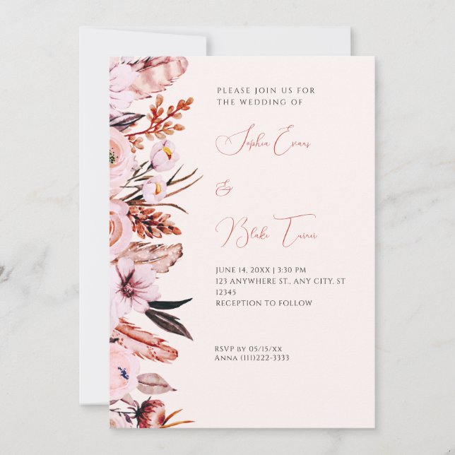 Invitación Boda de Crema de flores y plumas rosadas y marrone (Anverso)