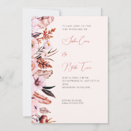 Invitación Boda de Crema de flores y plumas rosadas y marrone