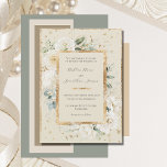 Invitación Boda de crema de oro de los Rosas de hidrangea flo<br><div class="desc">Para crear esta encantadora invitación, se utilizó una encantadora invitación a bodas enmarcada en oro elegante y rústico con rosas blancas, hortensias, freesia con verduras mezcladas de eucalipto y hojas dibujadas a mano de oro. Fondo de color crema. ¡Hermoso! El oro falso salpicará delante y atrás para crear un aspecto...</div>