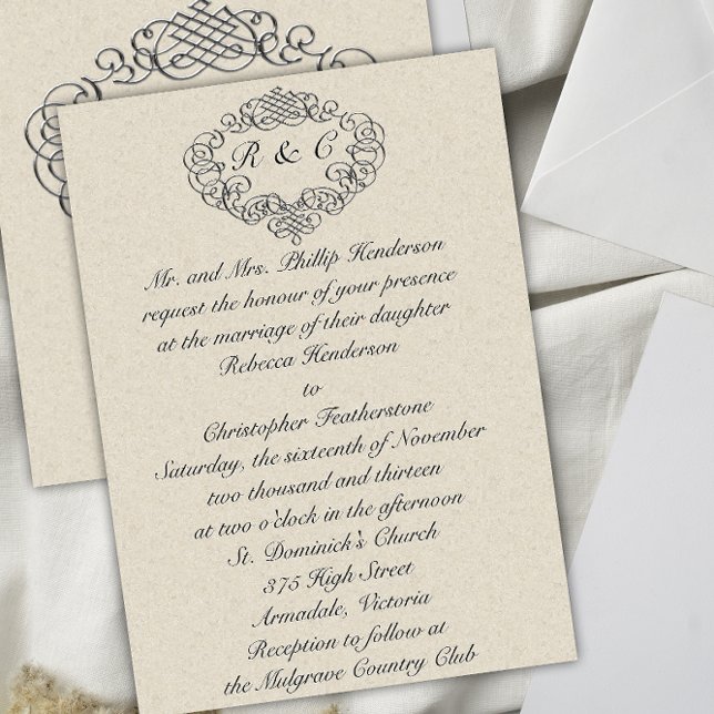 Invitación Boda de crema monogramada Silver Flouried (Subido por el creador)
