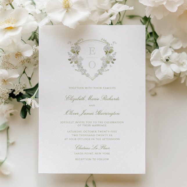 Invitación Boda de Crest Floral Blanco Verde Romántico (Subido por el creador)