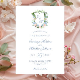 Invitación Boda de Cresta Floral Azul Polvoriento