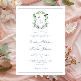 Invitación Boda de Cresta Floral Azul Polvoriento