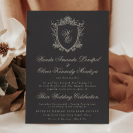 Invitación Boda de Cresta Floral Monograma Clásico Carbón