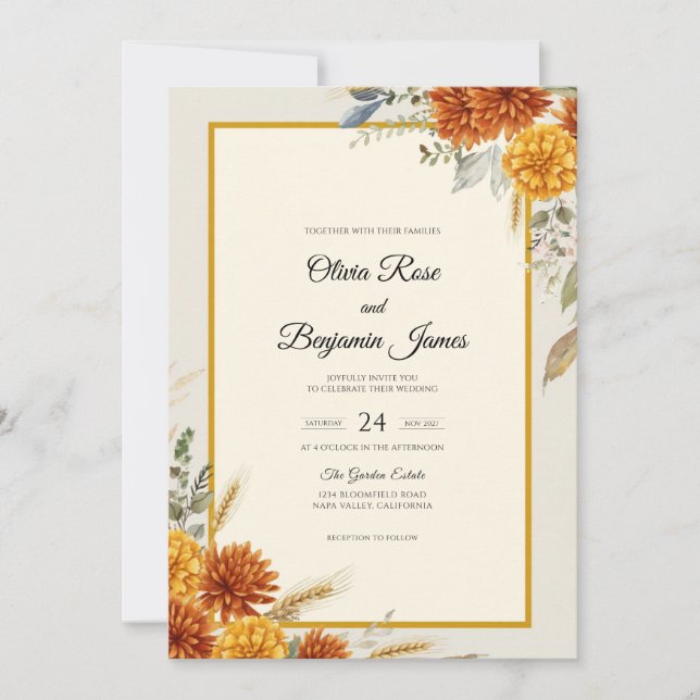 Invitación Boda de Crisantemo de Eucalipto Ócre Profundo (Anverso)