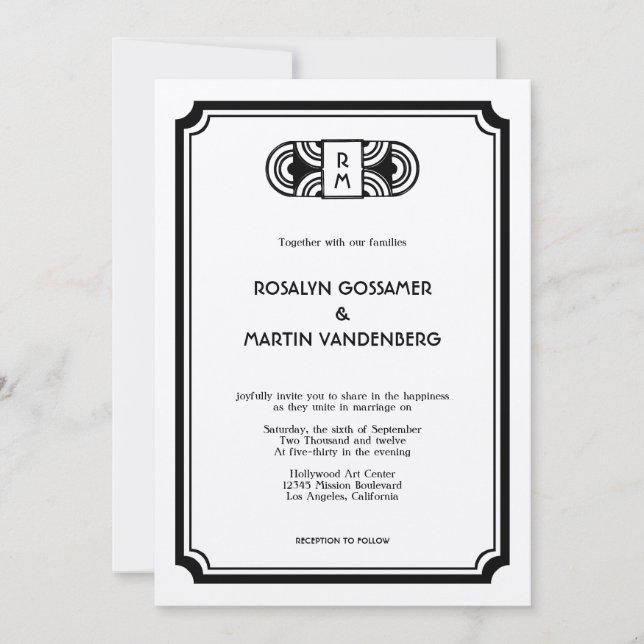 Invitación boda de cristal de Hollywood de fieltro negro (Anverso)