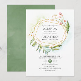 Invitación Boda de cristal geométrico de acuarela y vegetació