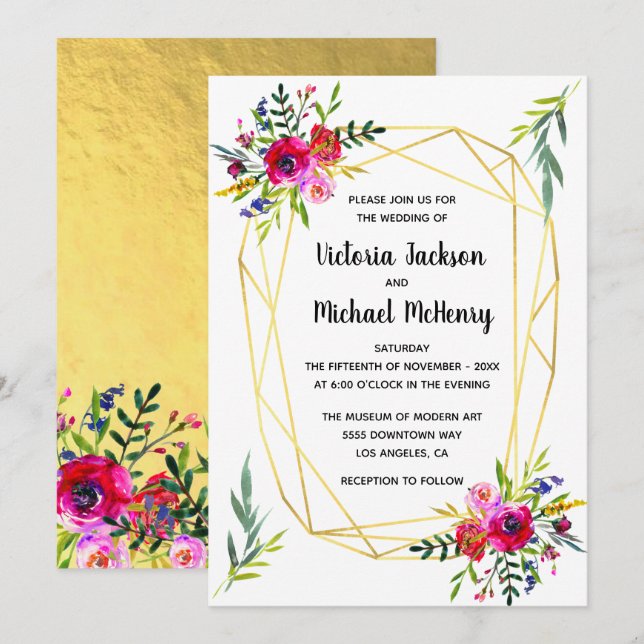 Invitación Boda de cristal geométrico de oro floral (Anverso / Reverso)