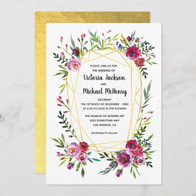 Invitación Boda de cristal geométrico de oro floral (Anverso / Reverso)
