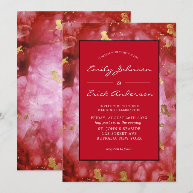Invitación Boda de Cristales de Agate de Oro y Negro Rojo (Anverso / Reverso)