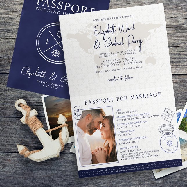 Invitación Boda de crucero de destino de Navy Blue Passport (Subido por el creador)