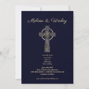 Invitación boda de cruz celta dorada azul marino minimalista
