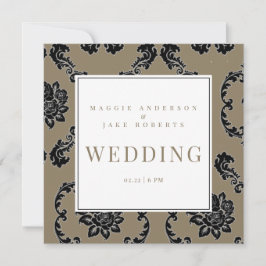 Invitación Boda de Cuadrado de Damasco Negro y Dorado 