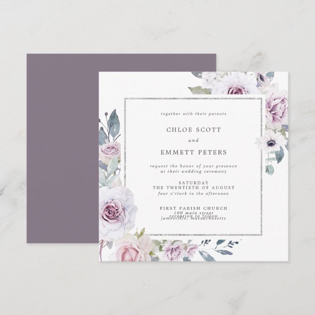 Invitación Boda de cuadrado de marco morado floral y plateado (Anverso / Reverso)