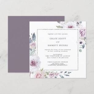 Invitación Boda de cuadrado de marco morado floral y plateado