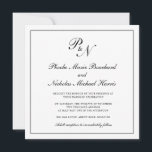 Invitación Boda de cuadrado de monograma blanco y negro forma<br><div class="desc">La tradicional y elegante invitación a la boda cuadrada con un diseño sencillo con su primer monograma y sus nombres en una elegante caligrafía dentro de un delgado borde. El trasero es negro sólido. Este diseño clásico en blanco y negro es perfecto para un boda formal.</div>