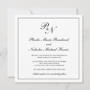 Invitación Boda de cuadrado de monograma blanco y negro forma