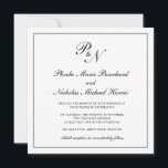 Invitación Boda de cuadrado de monograma blanco y negro forma<br><div class="desc">La tradicional y elegante invitación a la boda cuadrada con un diseño sencillo con su primer monograma y sus nombres en una elegante caligrafía dentro de un delgado borde. El trasero es negro sólido. Este diseño clásico en blanco y negro es perfecto para un boda formal.</div>