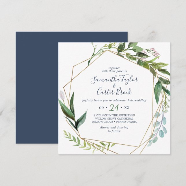 Invitación Boda de cuadrado geométrico de verdor de verano (Anverso / Reverso)