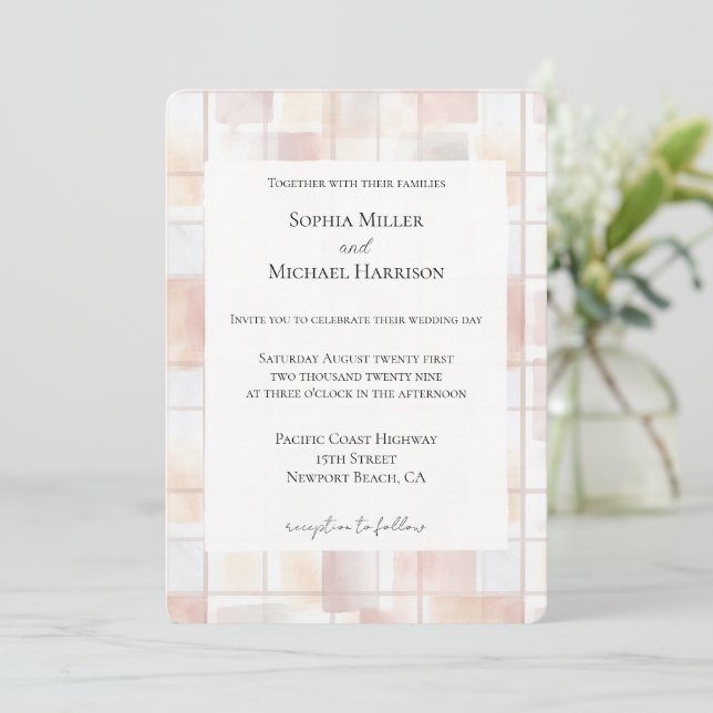 Invitación Boda de Cuadrados de Melocotón Rosado (Anverso de pie)