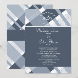 Invitación Boda de Cuadrícula Azul Polvoriento y Logo de Anil