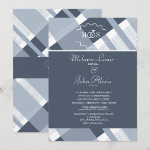Invitación Boda de Cuadrícula Azul Polvoriento y Logo de Anil