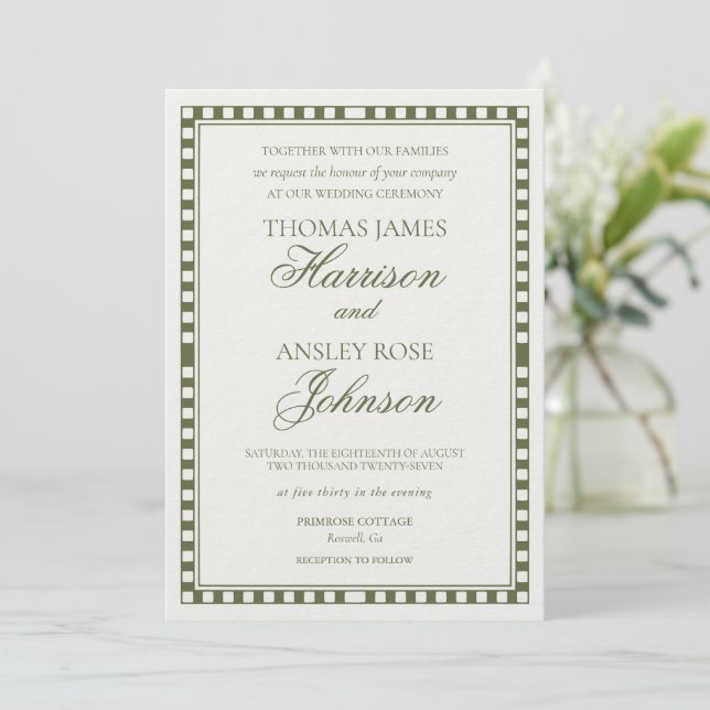 Invitación Boda de Cuadro de Arlequín Verde Oliva (Anverso de pie)