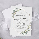 Invitación boda de cuadro de eucalipto moderno<br><div class="desc">la temática de la vegetación con el eucalipto de la acuarela y un marco geométrico de oro moderno. El texto y los colores se pueden personalizar para que coincidan con el tema boda.</div>