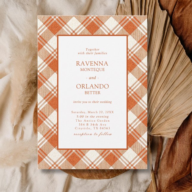 Invitación Boda de Cuadro Escocés Naranja Rústico Silenciado (Subido por el creador)