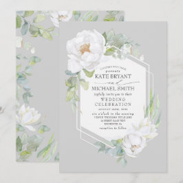 Invitación Boda de cuadro geométrico de Peonía blanca y veget