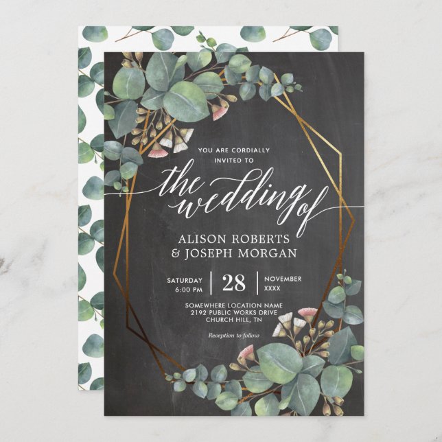 Invitación Boda de cuadro geométrico Eucalyptus (Anverso / Reverso)