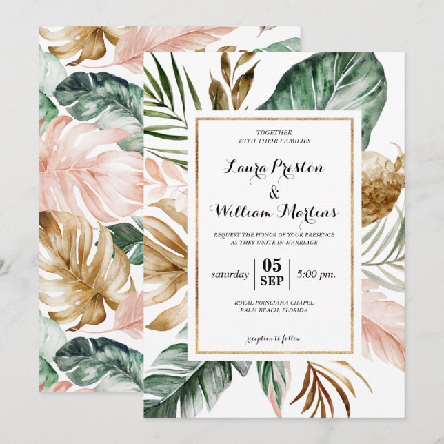 Invitación Boda de cuadro geométrico Purpurina de hojas tropi (Anverso / Reverso)