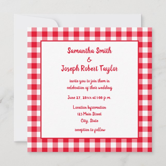 Invitación Boda de Cuadro Gingham Rojo y Blanco (Anverso)